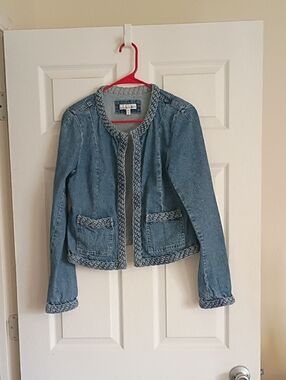 Made And loved Loft- Women's Light Blue Braided-Trim Denim Jacket